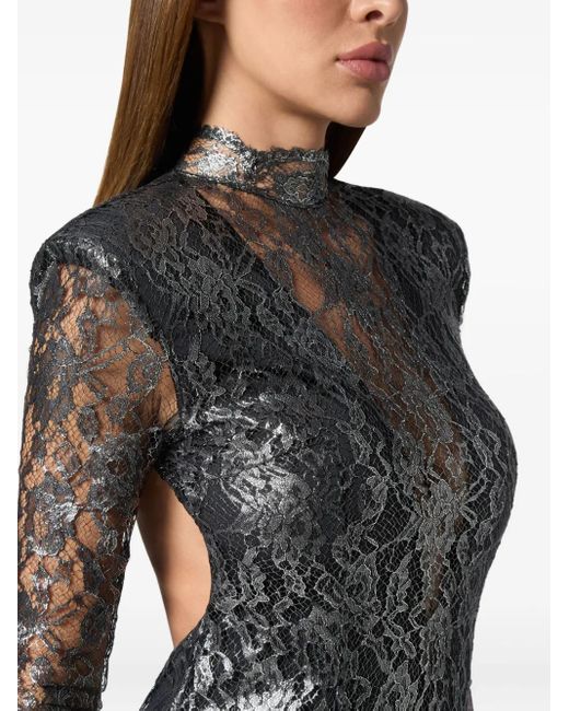 Philipp Plein Gray Crystal Lace Mini Dress