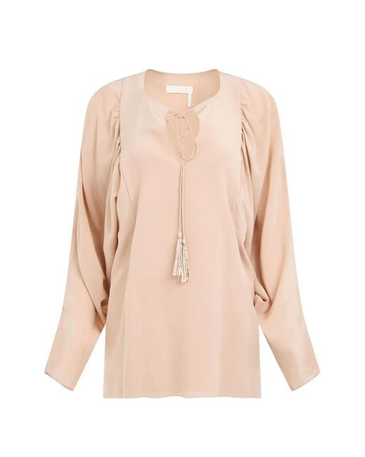 Chloé Natural Long-Sleeve Key-Hole Blouse