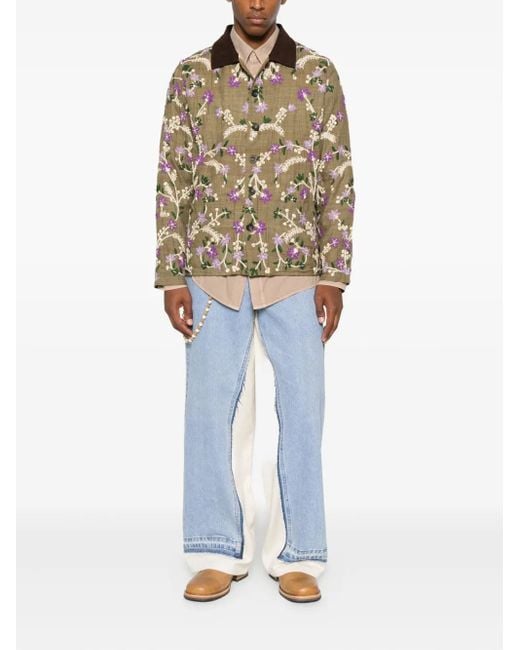 Kartik Research Green Floral-Embroidered Suede-Collar Jacket for men