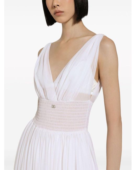 Dolce & Gabbana White Shirred-panel Silk Midi Dress