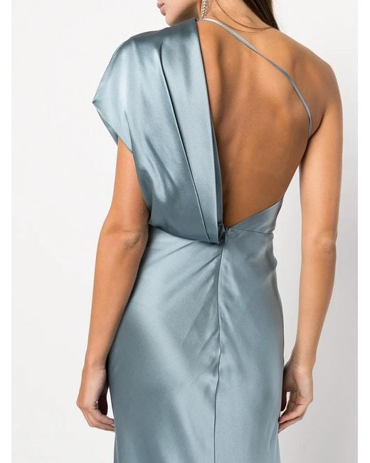 Michelle Mason Blue Asymmetric Open Back Gown