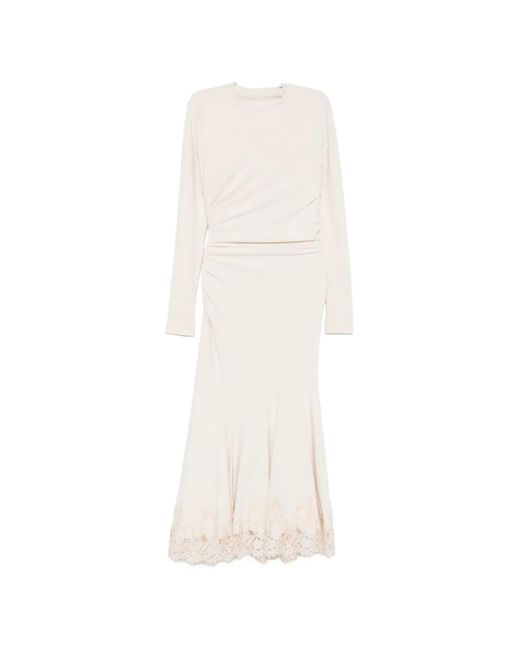 Alberta Ferretti White Lace-Trim Ruched Midi Dress