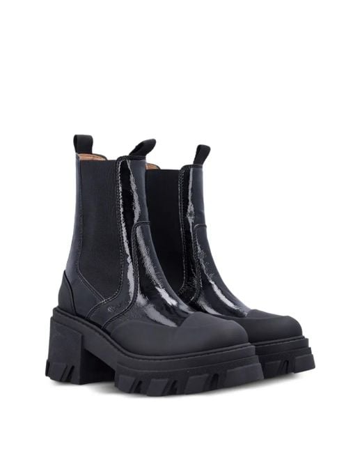 Ganni Black Patent-Leather Cleated Chelsea Boots