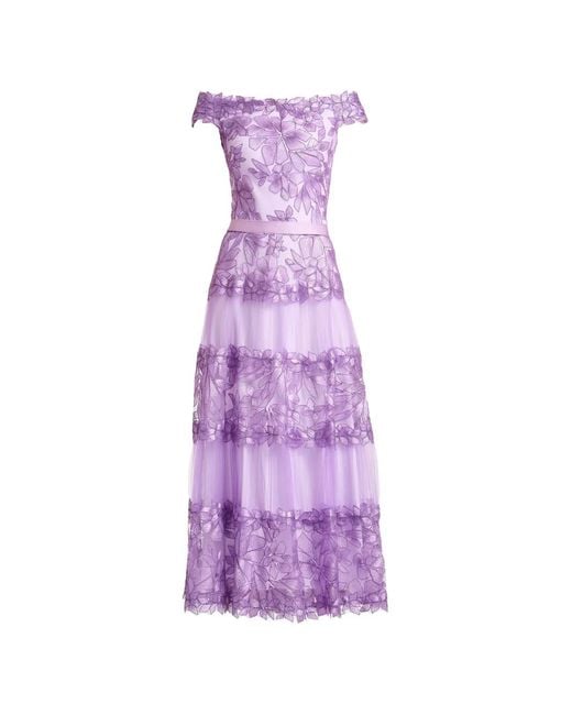 Tadashi Shoji Purple Floral Off-Shoulder Midi Dress