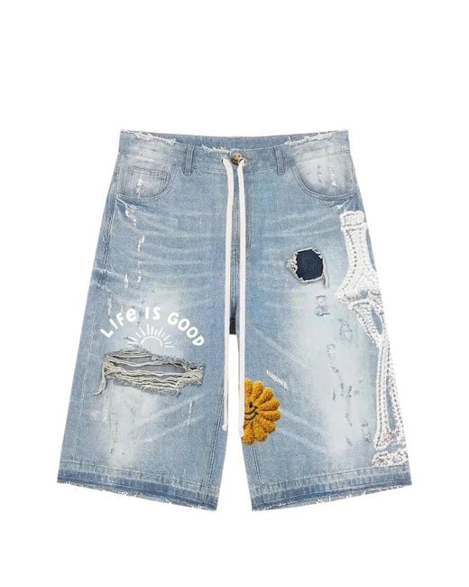 ALL HUMAN Blue Distressed Embroidered Denim Shorts for men