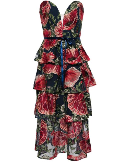 Marchesa Floral-embroidered Tiered Midi Dress