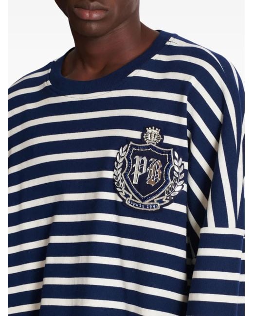 メンズ Balmain エンブレム ストライプ スウェットシャツ Blue