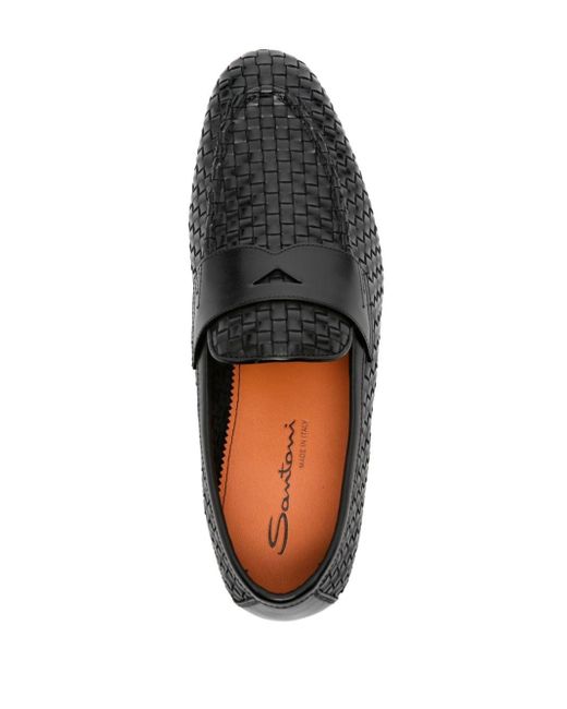Santoni Black Interwoven-leather Penny Loafers for men