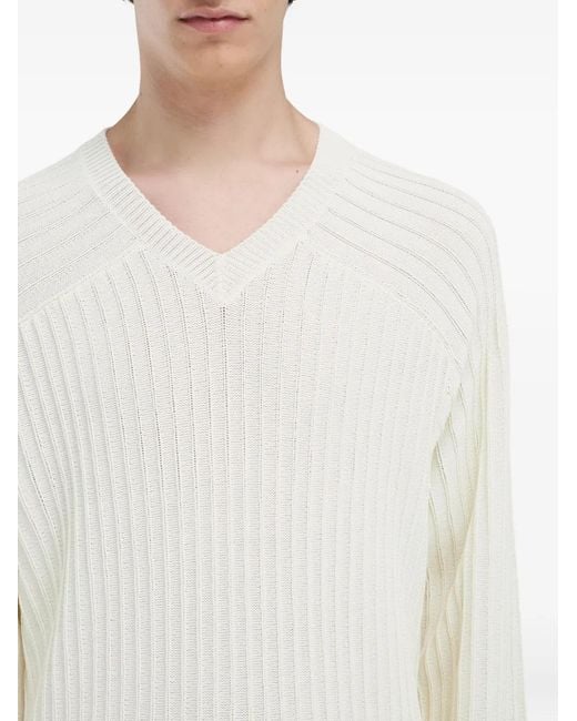 Ferragamo White V-Neck Ribbed Sweater for men