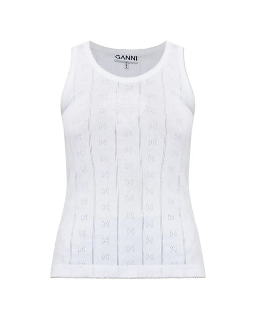 Ganni White Logo-Patch Pointelle-Knit Top