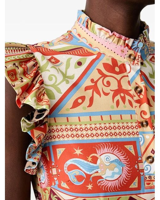 Never Fully Dressed Orange Graphic-Print Ruffled-Sleeve Midi Dress