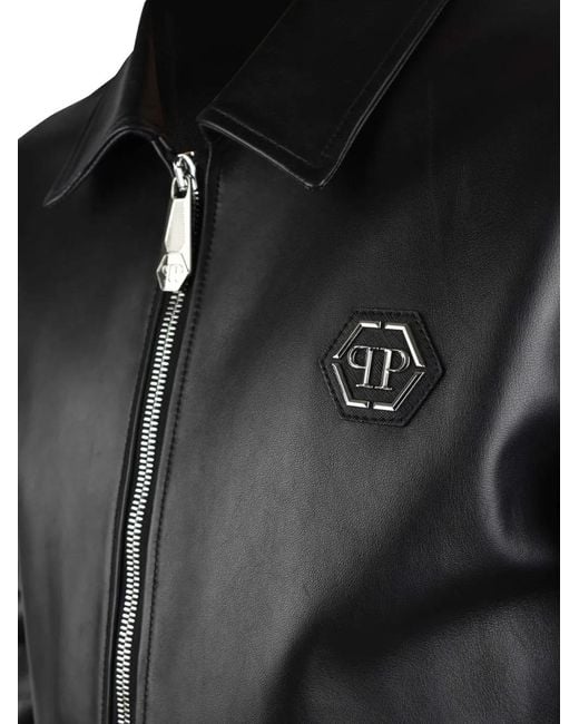 Philipp Plein Black Logo-Patch Leather Jacket for men