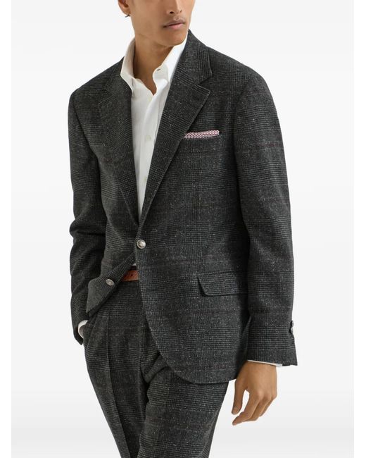 Brunello Cucinelli Black Silk, Wool And Cashmere Prince Of Wales Flannel Deconstructed Blazer for men