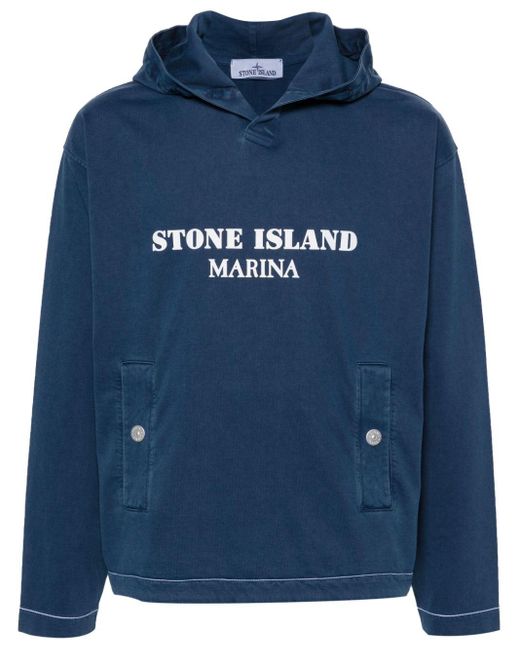 Stone Island Blue Logo-Print Cotton Hoodie for men