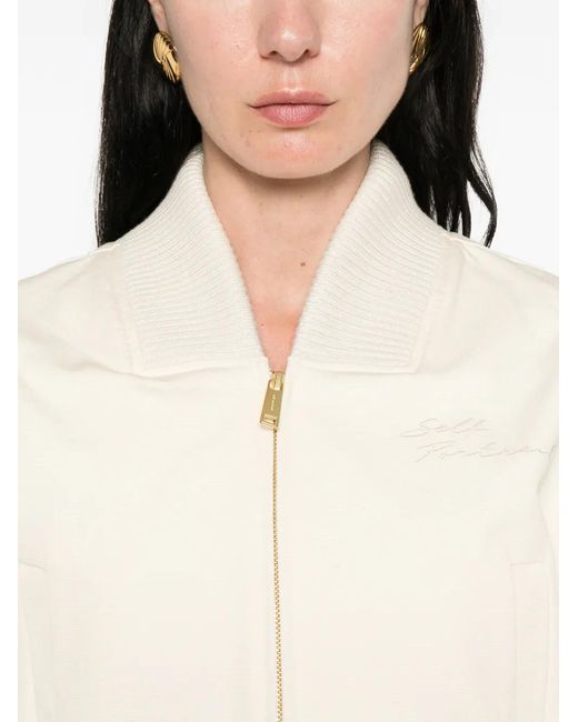 Self-Portrait White Ribbed-Trim Zip Bomber Jacket