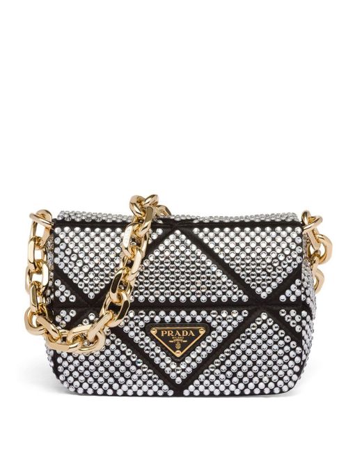 Prada Gray Mini Crystal-embellished Triangle Logo Shoulder Bag