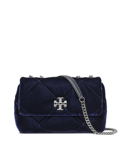 Tory Burch Blue Small Kira Diamond-Quilted Velvet Shoulder Bag