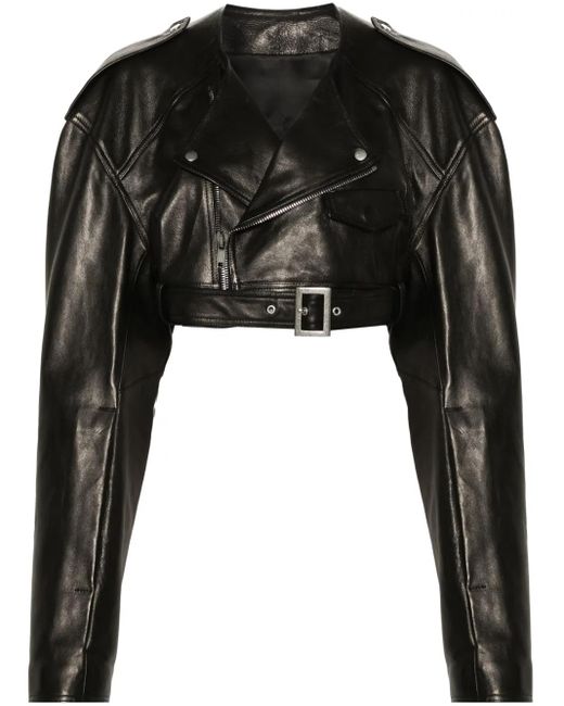 Rick Owens Black Micro Biker Cropped Leather Jacket
