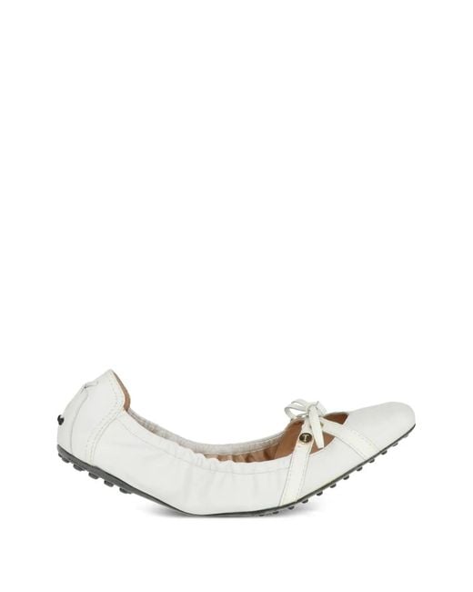 Tod's White Bow-Detail Leather Ballet Flats