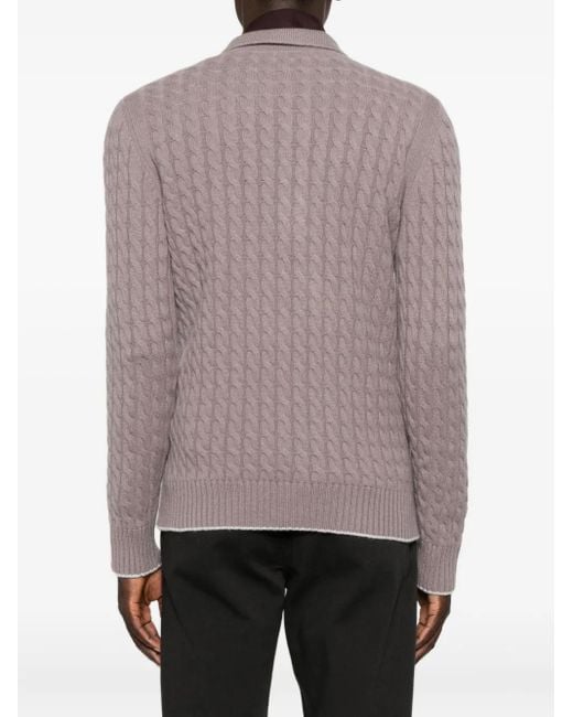 Eleventy Brown Cable-Knit Polo Sweater for men