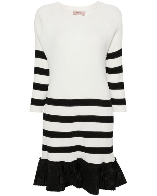 Twin Set White Stripe-print Flounce-hem Dress