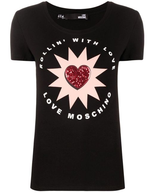 Love Moschino Cotton Sequin-detail Logo-print T-shirt in Black | Lyst