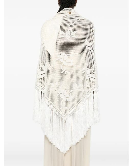 Chiara Is White Scialle Rosa Crochet Fringed Poncho