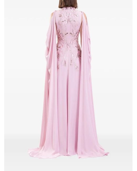 Saiid Kobeisy Pink Crepe Georgette Draped Sleeves Maxi Dress