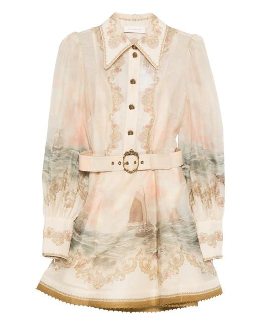 Zimmermann Natural Mini Dress With Long Puff Sleeves And Removable Belt