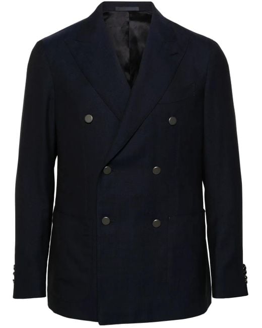 Caruso Blue Double-Breasted Wool Blazer for men