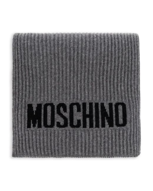 Moschino Gray Intarsia Knit Logo Ribbed Scarf