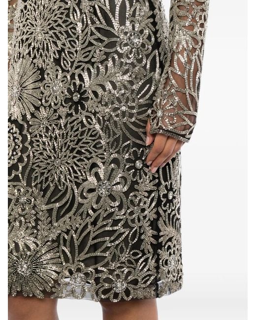 Naeem Khan Gray Floral-Beaded V-Neck Dress