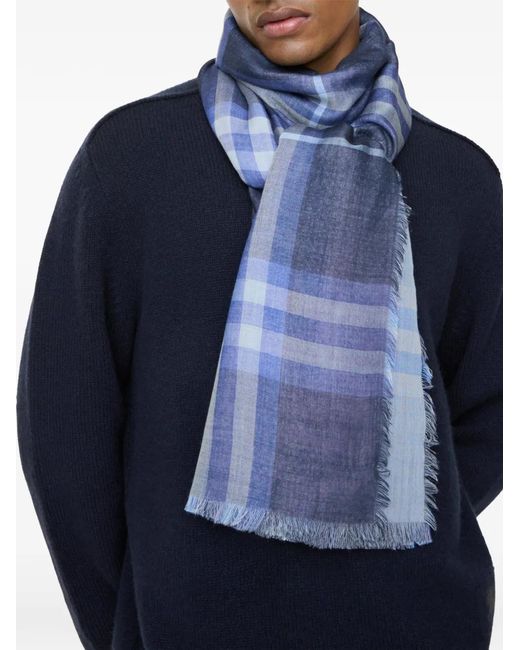 Burberry Blue Reversible Check Wool Silk Scarf