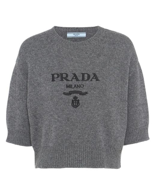 PRADA グレー ニット Prada Logo-Intarsia Cropped Wool Sweater in Grey | Lyst UK