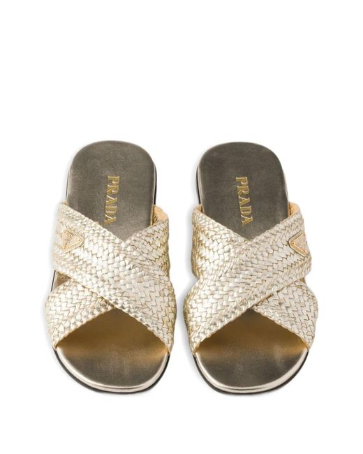 Prada White Leather Crisscross Slides