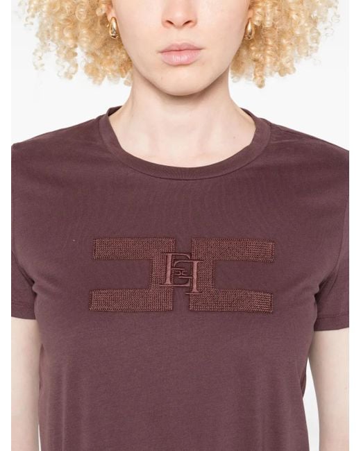 Elisabetta Franchi Purple Bordeaux Cotton T-Shirt With Textured Logo Detail