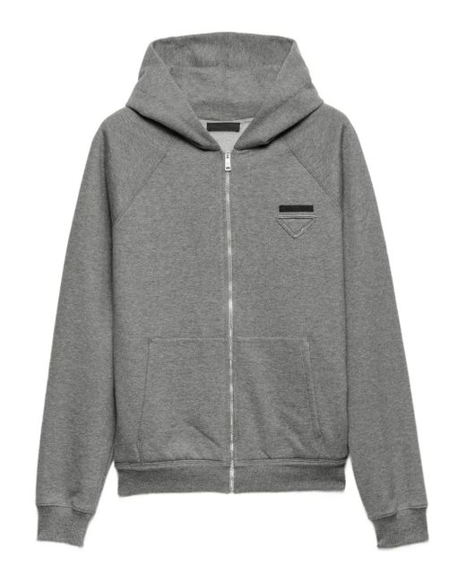 Prada Gray Logo-Motif Zip-Up Hoodie for men