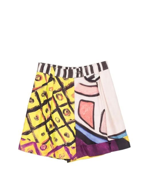 Moschino White Abstract-Print Pleated Shorts
