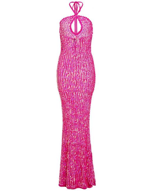 retroféte Pink Massie Sequin Crochet Halterneck Dress
