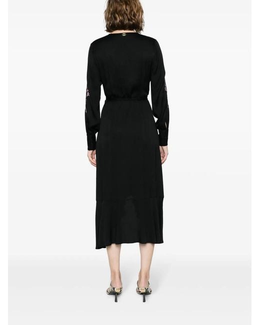 Twinset Black Floral-Embroidered Crepe Wrap Dress