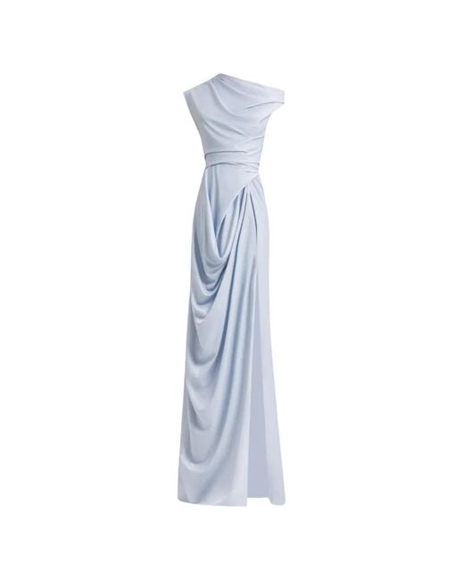 Gemy Maalouf Blue Asymmetrical-Neckline Draped Dress