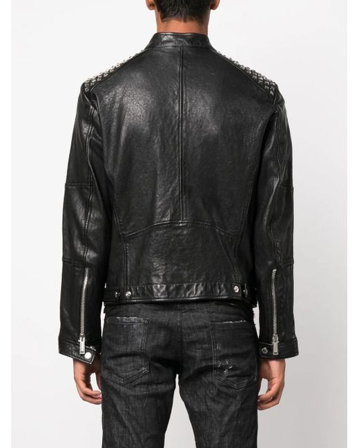 DSquared² Black Studded Leather Biker Jacket for men