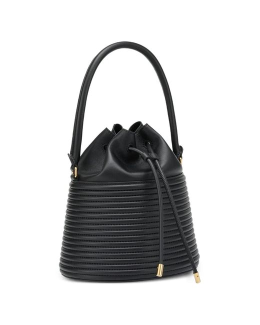 POTAMY Black Drawstring Ribbed Leather Bucket Bag