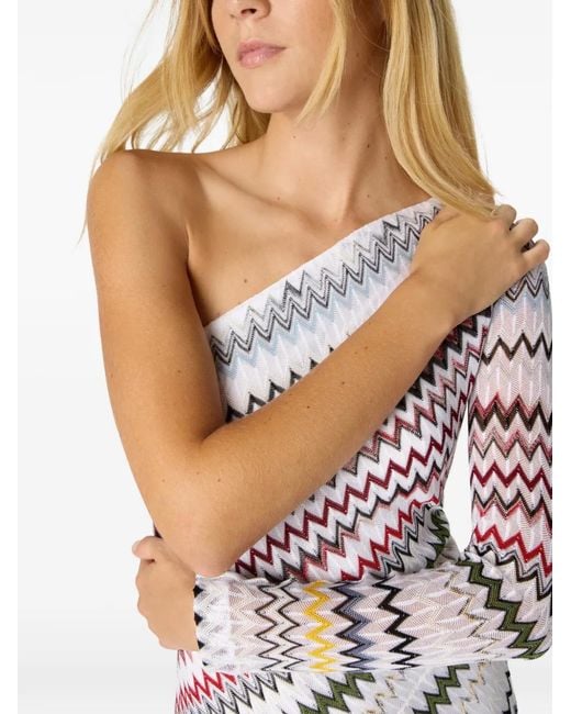 Missoni White One-Shoulder Long Dress With Herringbone Pattern