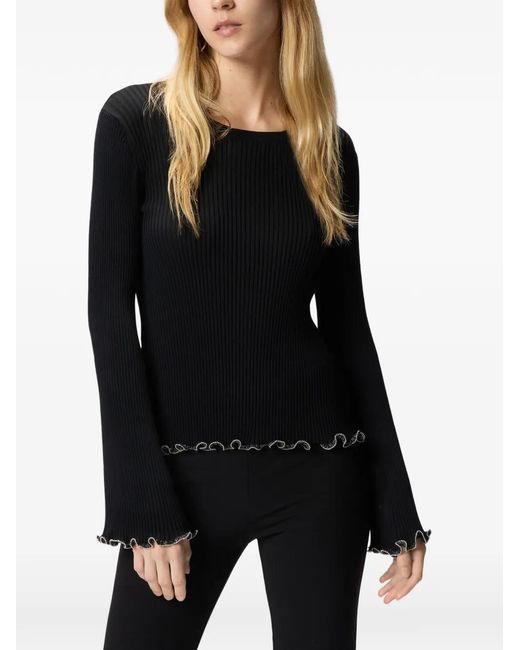 Pinko Black Ribbed Sweater With Jewel Edges