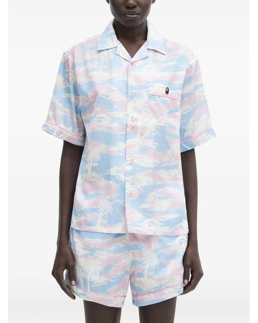 A Bathing Ape Blue Short-Sleeve Pocket Patterned Shirt