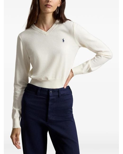Polo Ralph Lauren White Cotton-Blend Shrunken V-Neck Jumper