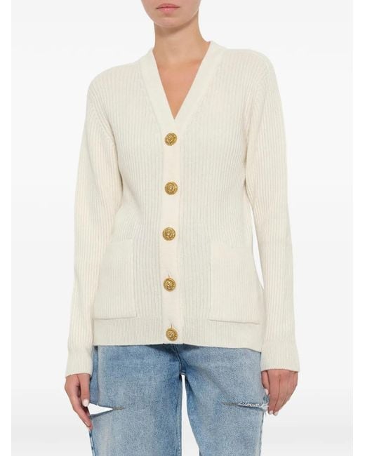 Balmain White Cardigan En Cachemire À Boutonnière