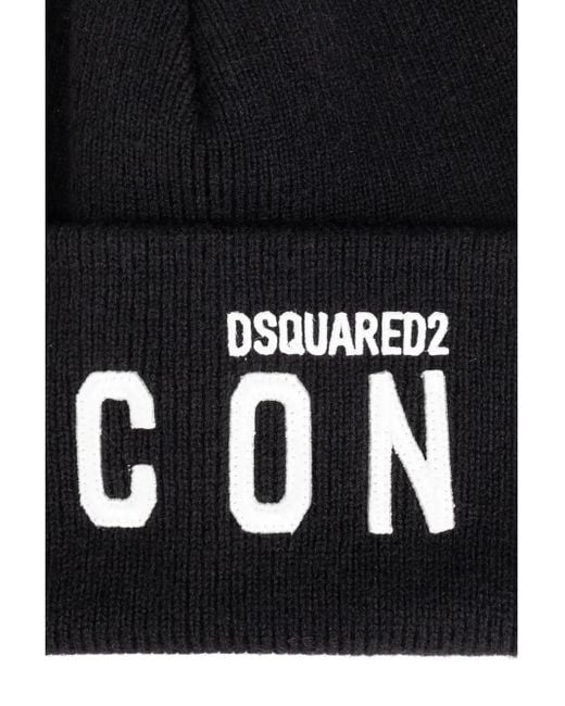 DSquared² Black Intarsia-Knit Logo Beanie for men