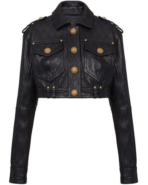 Balmain Black Quilted Leather Cropped Jacket